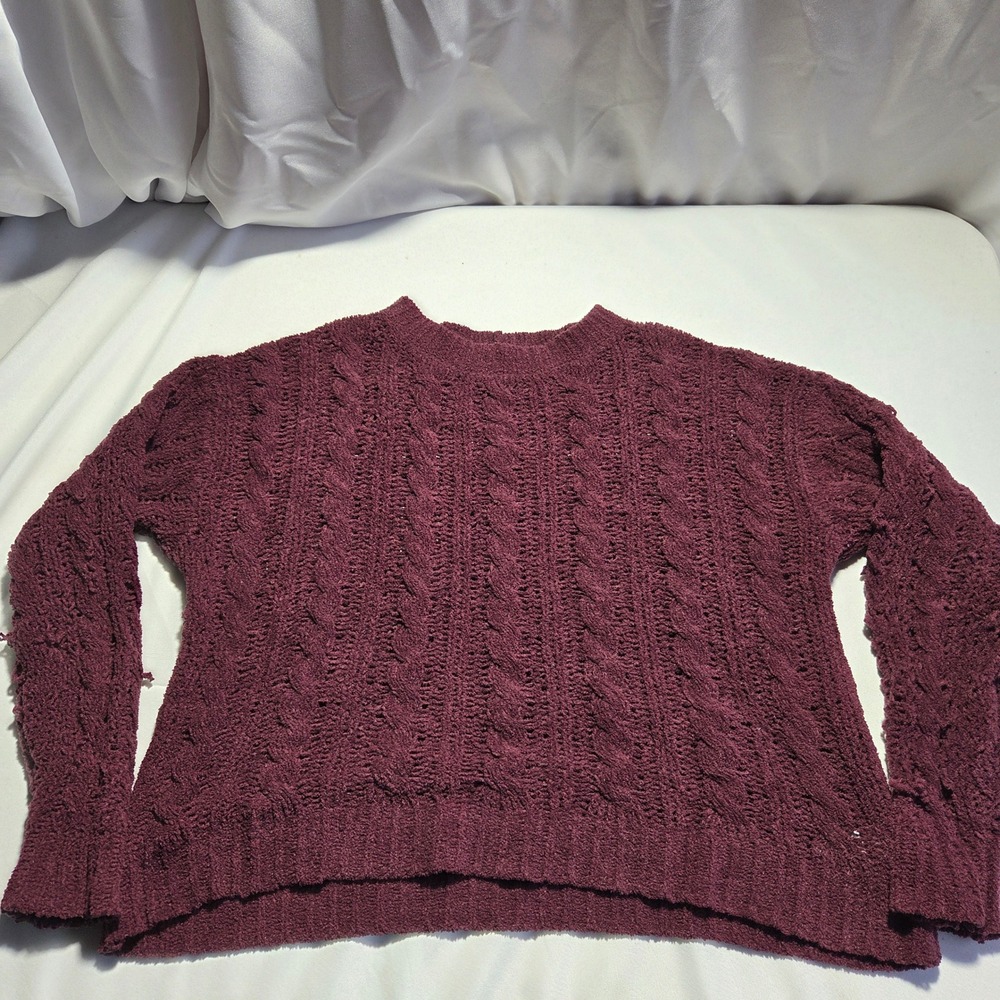 American Eagle Womens Burgundy Cable Knit Chenille Sweater Maroon Sm Crew Neck